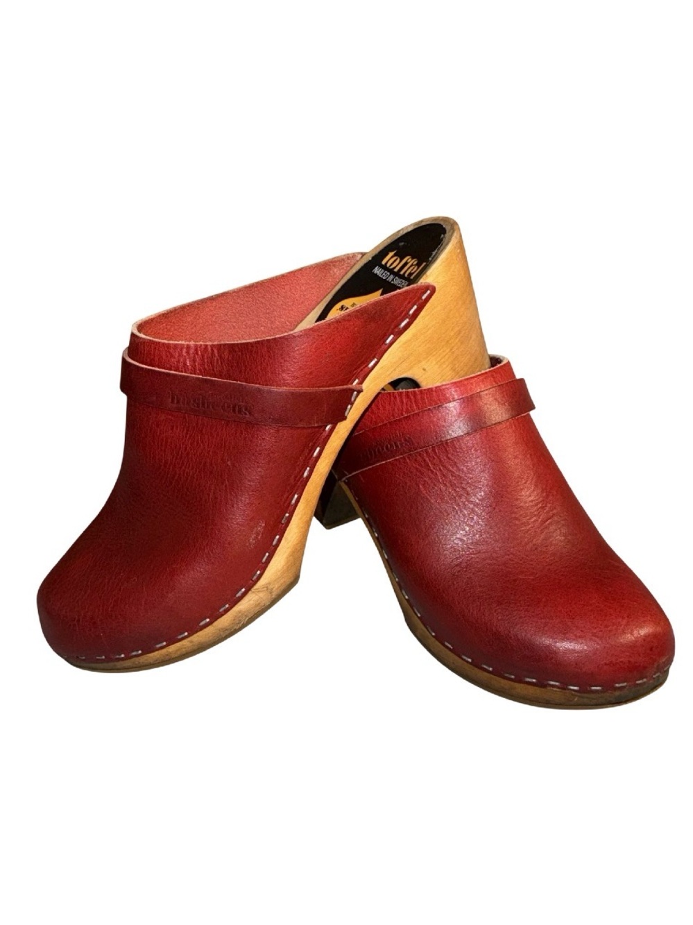 Swedish Hasbeens Women’s Cherry Red Leather Clogs EU 39 Wood Platform Mules